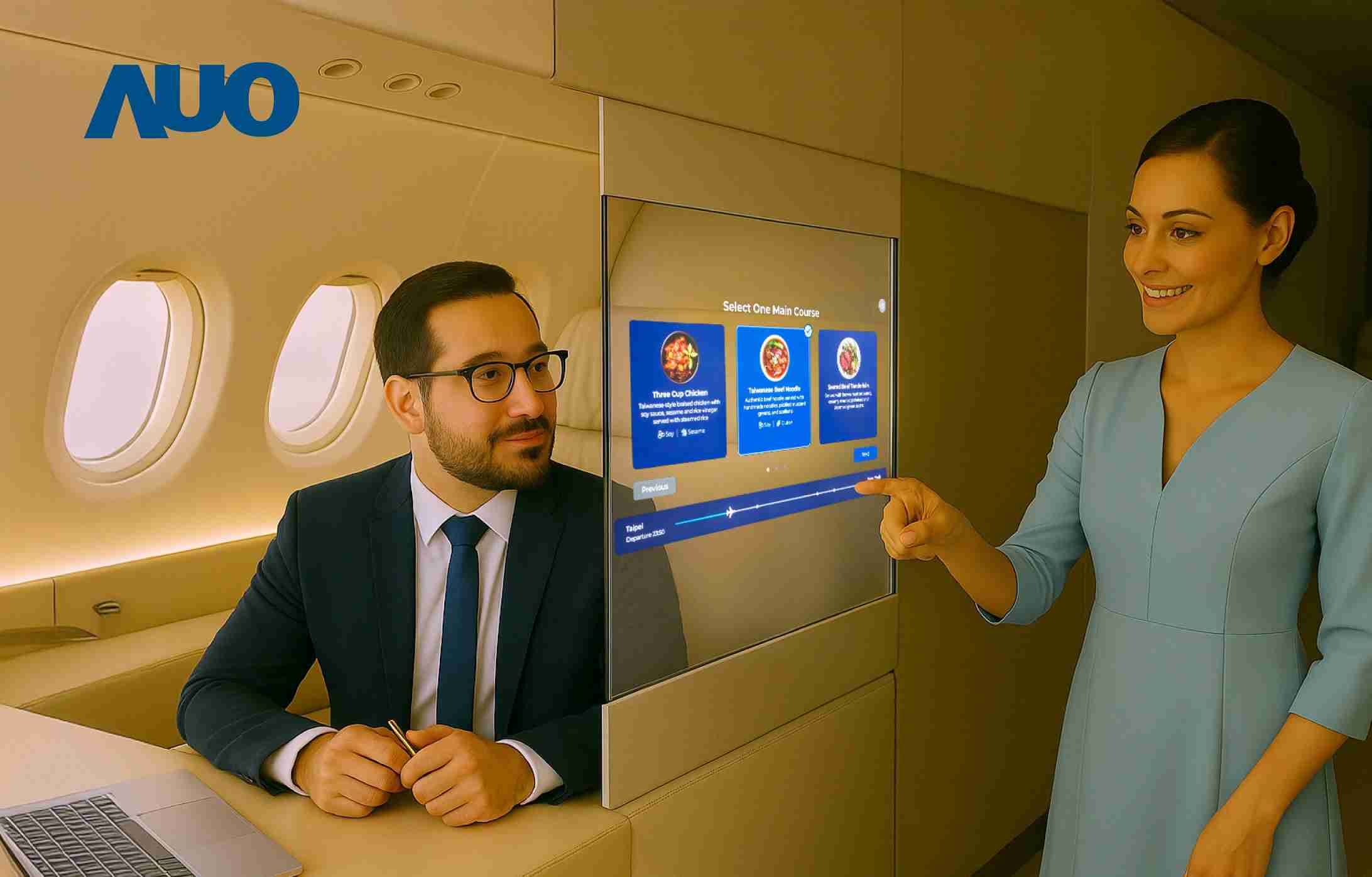 糖果派对研发全球最薄17.3 吋双面透明 Micro LED 显示器，，，，可在同一屏幕之双边投射不同信息，，创造独特的”透明化”互动；图为实时翻译交流应用情境